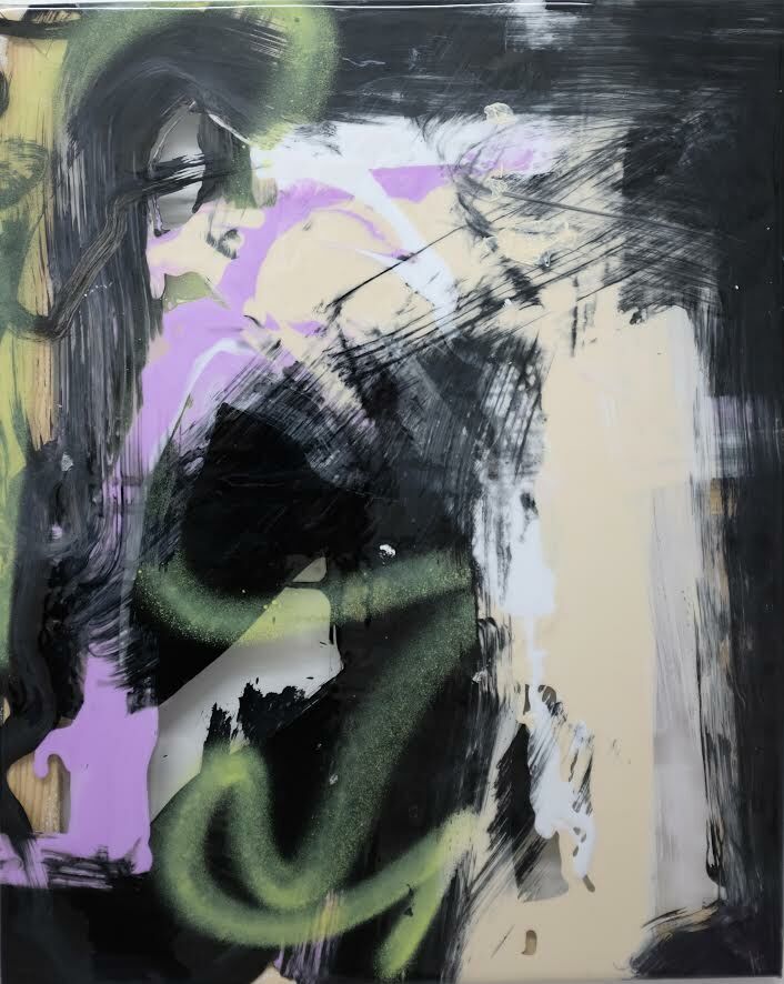 Untitled (NY), 65 x 50 cm, ink, lacquer and spray paint on PVC, 2018