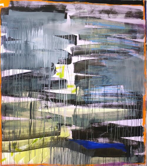 Keine Zeit, 210x185cm, ink,lacquer, spray paint and oil pastel on canvas, 2018